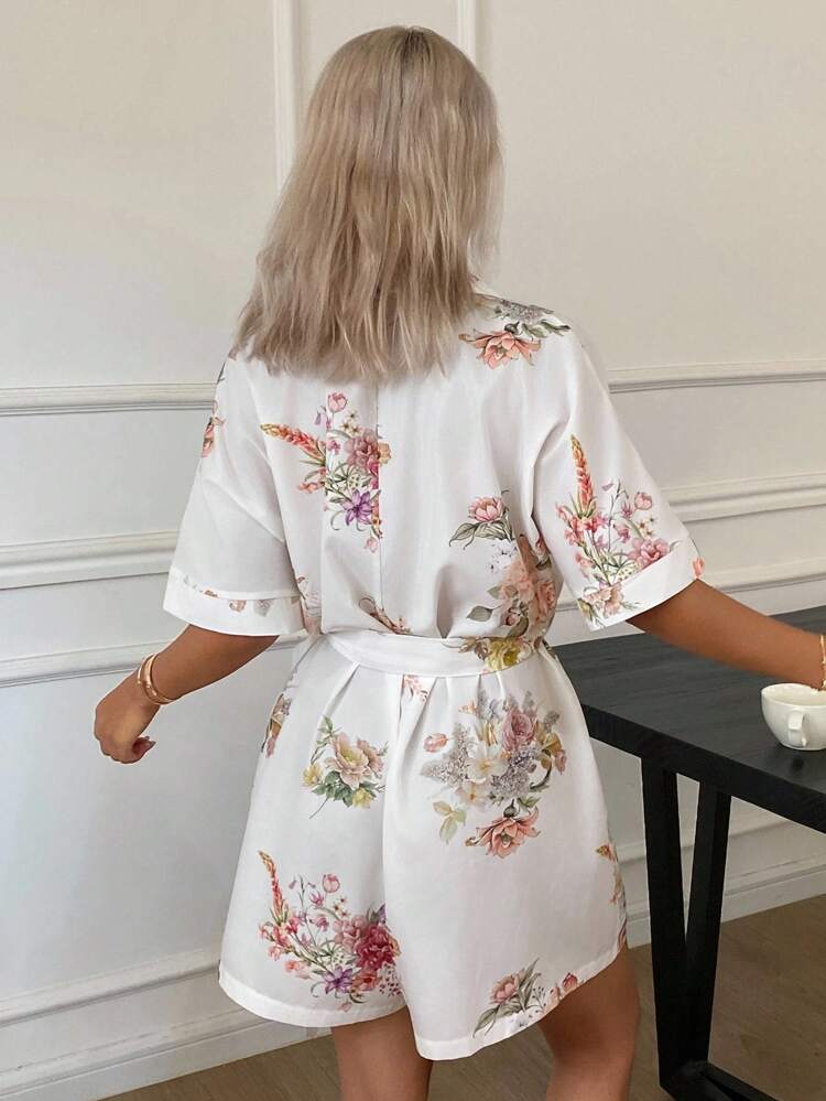 Floral All Over Print Cinched Waist Women's Jumpsuit Sleepwear Pajama