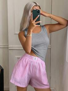 DAZY Conjunto de pijama informal de chaleco de punto acanalado de unicolor y pantalones cortos acanalados - Gris - Ver 5