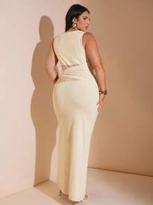 SHEIN BAE 大码女式优雅黑色蕾丝和丝绸拼布连衣裙，适合音乐节、海滩度假、婚礼宾客 - 杏色 - 查看 2