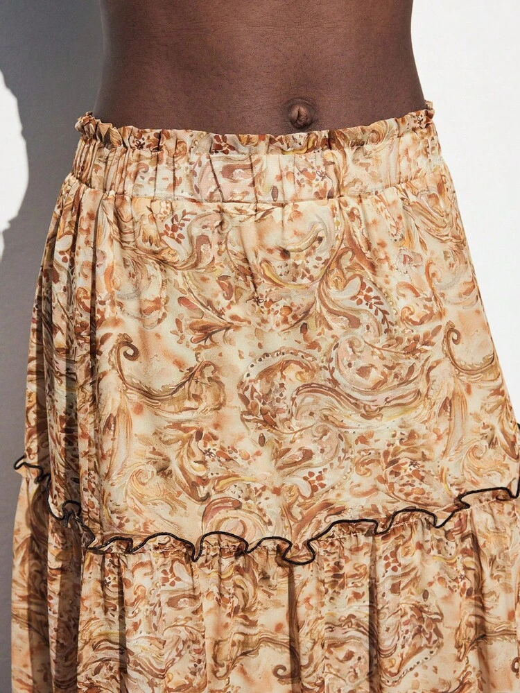 SHEIN Maija Floral Print Ruffle Hem Patchwork A-Line Skirt, Bohemian Style For Women, Suitable For Autumn Vacation,Halloween