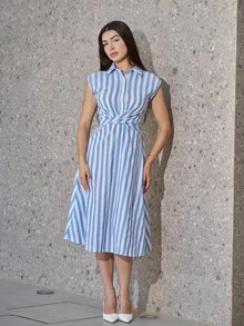 Andrea Bello Women's Elegant Solid Color Cross Blue And White Striped A-Line Dress. Mid-Length Shirt Striped Dress. Spring And Summer Weddings. Music Festivals. Teachers' Day. Commuting. Graduation. Quarter Vacations. Teachers' Day Style. Mother's Day. Elegant. Old Money Style