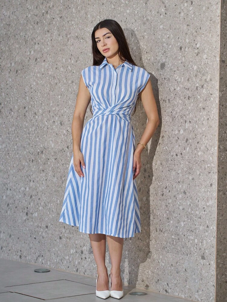 Andrea Bello Vestido de verano informal para mujeres con cintura ajustable y bloques de color a rayas - Multicolor - Añade 4