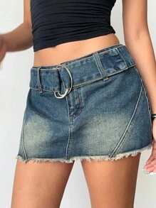 Aloruh Women's Dark Blue Jean Mini Skirt,D-Ring Buckle Frayed Hem Denim Piece For Summer Streetwear Y2k Night Out,Chic Light Wash Versatile Casual Skirt - Light Wash - View 3