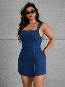 SHEIN ICON Plus Size Solid Square Neck Sleeveless Elasticized Waist Denim Cami Dress, Fashionable For Summer - Blue - View 6