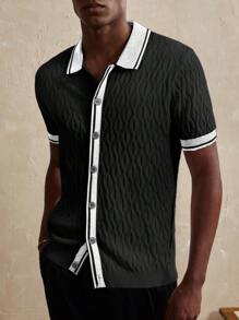 Manfinity Homme 休闲宽松简约拼色短袖男士针织毛衣 - 黑色 - 查看 4
