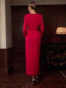 ZEYLAH 优雅长款花卉印花腰带长袖连衣裙，秋冬 - 紅色 - 查看 3