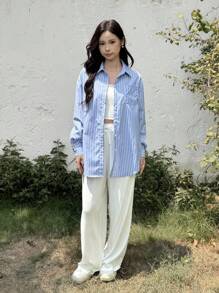 SHEIN Teen Girl French Elegant Loose Blue Striped Shirt & White Pants Casual Suit, Back To School Season - Blue - View 4