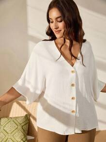 EMERY ROSE 大尺碼春夏休閒度假質感釦領寬鬆襯衫