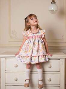 Souflis Souflis Baby Girl Floral & Rabbit Print Ruffle Trim Dress - Multicolor - View 1