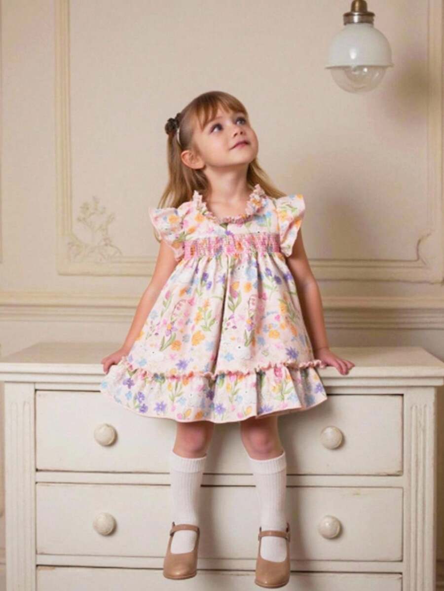 Souflis Souflis Baby Girl Floral & Rabbit Print Ruffle Trim Dress - Multicolor - View 1