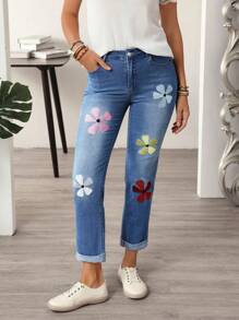 EMERY ROSE Women Floral Embroidered Patch Skinny Casual Versatile Jeans