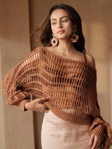 Anewsta Áo len đan móc dài tay hở vai kiểu Milleraie màu mới dành cho nữ - Cà phê nâu - Xem 6