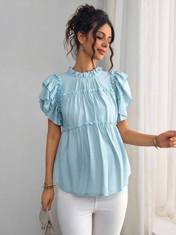 Momance Camisa de maternidad con cuello con volantes, diseño de manga corta de doble capa, parte superior de maternidad con volantes multicapa