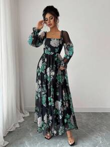 Modelyn 女式方领灯笼袖抽绳腰飘逸宽下摆网眼花卉印花浪漫优雅长裙，适合度假、婚礼、派对 - 彩色 - 查看 5