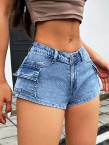 SHEIN ICON 休闲水洗低腰工装牛仔短裤