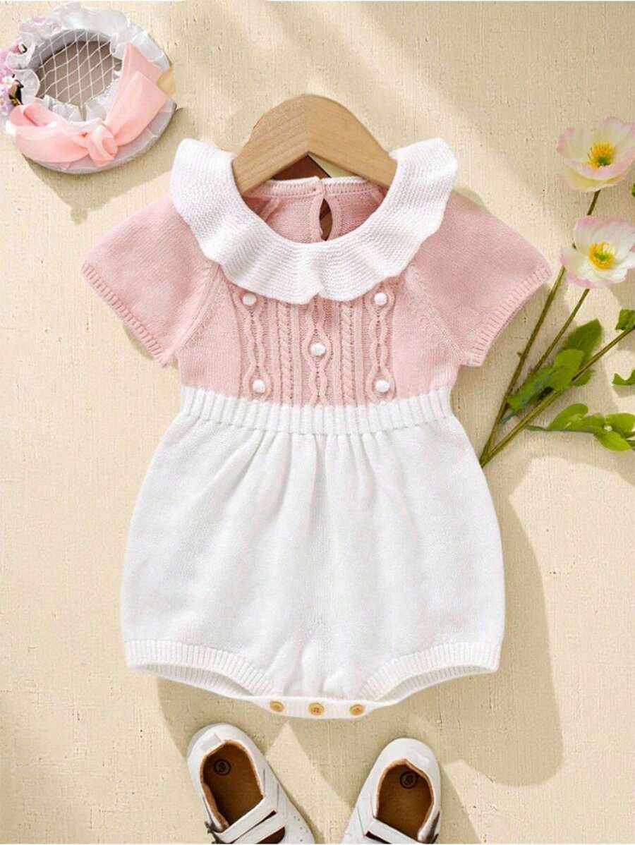 Souflis Souflis Baby Girl Pom Pom Decorated Contrast Color Knitted Romper With Ruffle Hem - Pink - View 1