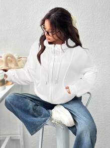 SHEIN EZwear 女式休闲白色前拉链长袖连帽运动衫，带口袋，秋冬款 - 白色 - 查看 3