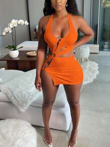 SHEIN Đầm ôm body hở lưng cổ chữ V sâu màu trơn cho nữ, mùa hè - trái cam - Xem 1