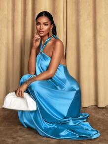 Sirith 女式无袖金属圈拼色系带连衣裙，性感露背飘逸休闲长款夏季连衣裙 - 藍色 - 查看 4