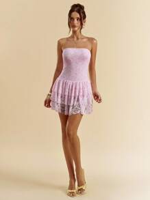 SHEIN BAE Bộ đồ liền thân 3 lớp không tay viền bèo nhún màu hồng thanh lịch cho nữ - Hồng - Xem 6