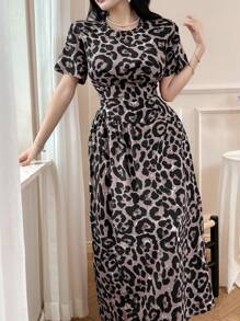 Modelyn 女士豹纹长裙，夏季时尚 - 杏色 - 查看 1