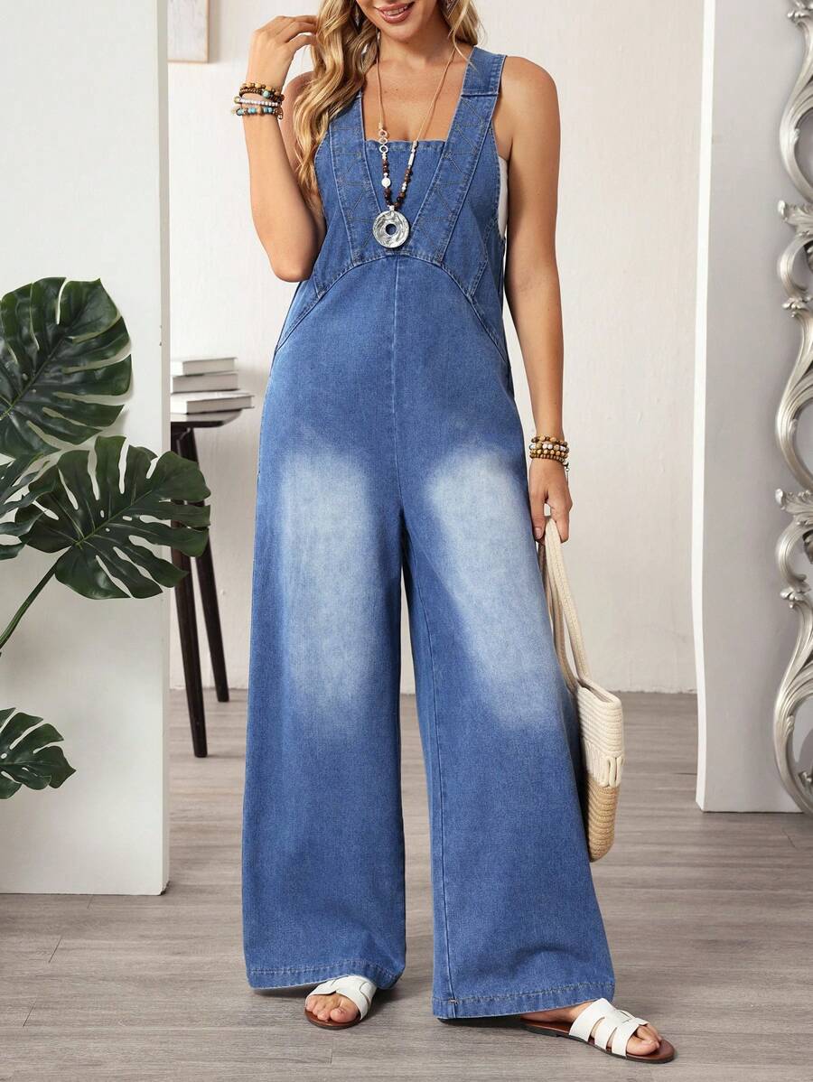 EMERY ROSE 女式休闲阔腿牛仔背带裤 - 藍色 - 查看 1