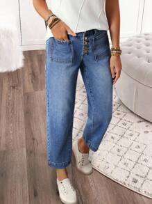 EMERY ROSE 大码女式休闲纽扣前袋设计7/8长牛仔裤 - 藍色 - 查看 3