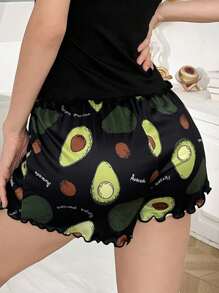 SHEIN 1 Stück Schlafshorts im Lässig Stil mit Avocado-Muster und Lattich-Saum
