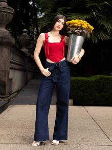 SHEIN MOD Top de corpiño con lazo y espalda con cordones, rojo, para vacaciones, Nochevieja, salir, top, Acción de Gracias