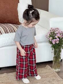 Dazy Kids 2pcs Toddler Girls' Casual Round Neck T-Shirt And Plaid Pants Set, Home Wear - Dark Grey - View 4