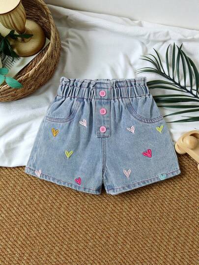 SHEIN Vintaside Kids Young Girl Cute Bow Denim Shorts, Casual, Comfortable, Fashion, Suitable For Beach & Street Wear, Summer Summer Holiday