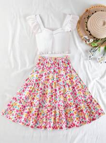 SHEIN Vintaside Kids Tween Girl Ruffle Trim Top & Floral Print Ruffle Hem Skirt - Multicolor - View 10