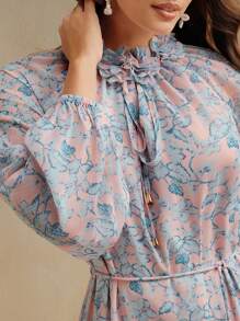 Anewsta 女式长款花卉印花休闲连衣裙，带花卉贴花领和长袖，松紧腰身，优雅度假春夏/复活节