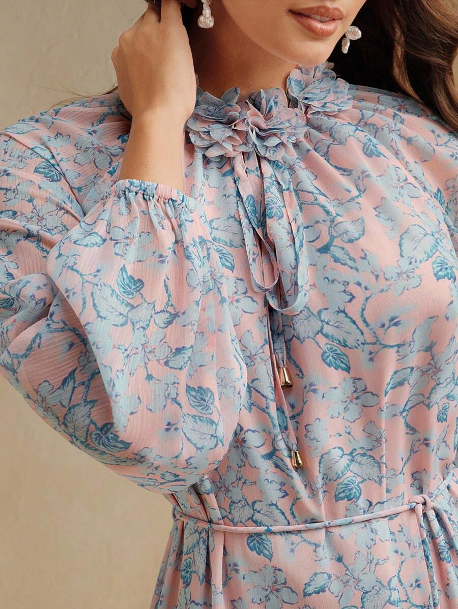 Anewsta 女式长款花卉印花休闲连衣裙，带花卉贴花领和长袖，松紧腰身，优雅度假春夏/复活节