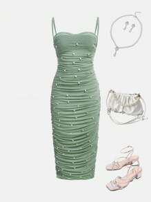 SHEIN Leap Crew Váy yếm đính hạt màu xanh lá cây hạnh nhân thanh lịch ngọt ngào cho bé gái tuổi mới lớn, thích hợp cho tiệc mùa thu và Giáng sinh - Màu xanh Bạc hà - Xem 1