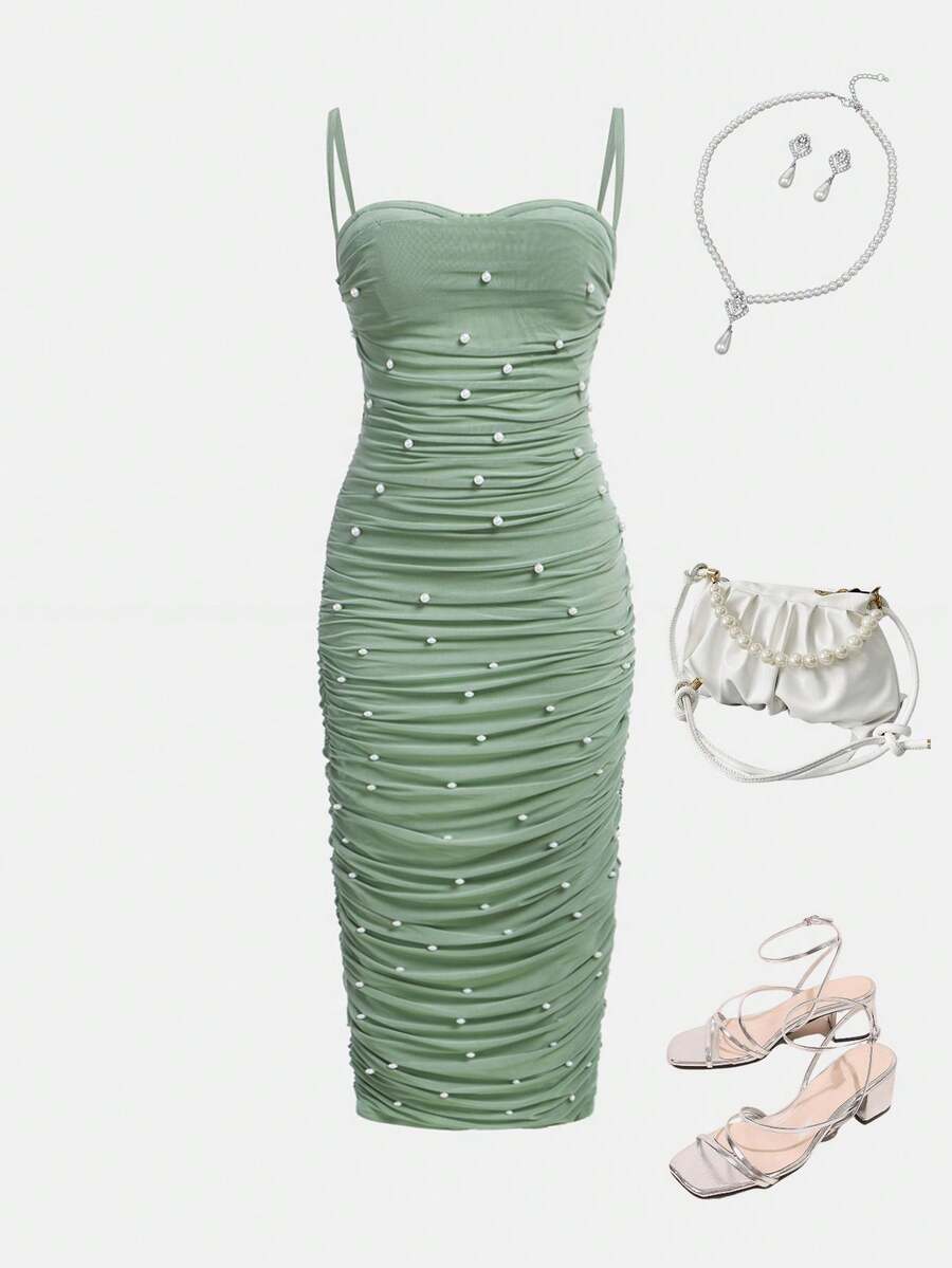 SHEIN Leap Crew Váy yếm đính hạt màu xanh lá cây hạnh nhân thanh lịch ngọt ngào cho bé gái tuổi mới lớn, thích hợp cho tiệc mùa thu và Giáng sinh - Màu xanh Bạc hà - Xem 1