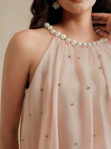 Anewsta Elaire Fashionable Elegant Chic Fresh Rhinestone & Pearl Decor Sleeveless Women Tank Top - Pink - View 4