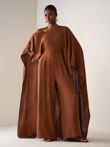 Zivah 2025 Fall/Winter Asymmetrical Neck Long Jumpsuit, Textured Fabric, Casual Wear For Music Festival, Graduation, Daily, Beach, Commute, Brown Color Brown Jumpsuit Wide Leg Jumpsuit Lantern Sleeve Jumpsuit Rust Brown Jumpsuit Earthy Jumpsuit - Brown - View 4