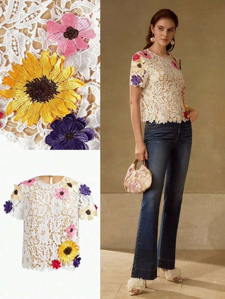 FLORAL APPLIQUES SHORT SLEEVE TOP
