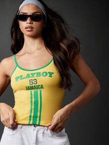 Missguided x Playboy 复古运动风牙买加吊带背心 夏季上衣 国家队支持 休闲街头服饰 节日沙滩露脐装 - 黃色 - 查看 6