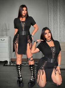 Whyspr Plus Size Criss-Cross Short Sleeve Dress - Black - View 1