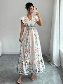 Rafferiza Damen elegantes, lässiges Kleid mit platziertem Muster, Flügelärmel und geraffter Taille - Aprikosenfarben - Übersicht 1