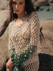 Anewsta 女士夏季度假海滩渐变色渔网亮片鱼尾下摆罩衫 - 彩色 - 查看 3