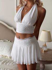 SHEIN EZwear 2件套优雅网眼拼接蕾丝吊带衬衫和迷你裙 - 白色 - 查看 4