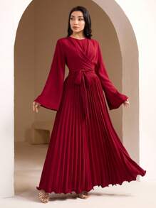 Veilorie Women's Elegant Solid Color Ruched Flared Sleeve Dress