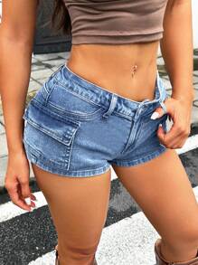 SHEIN ICON 休闲水洗低腰工装牛仔短裤