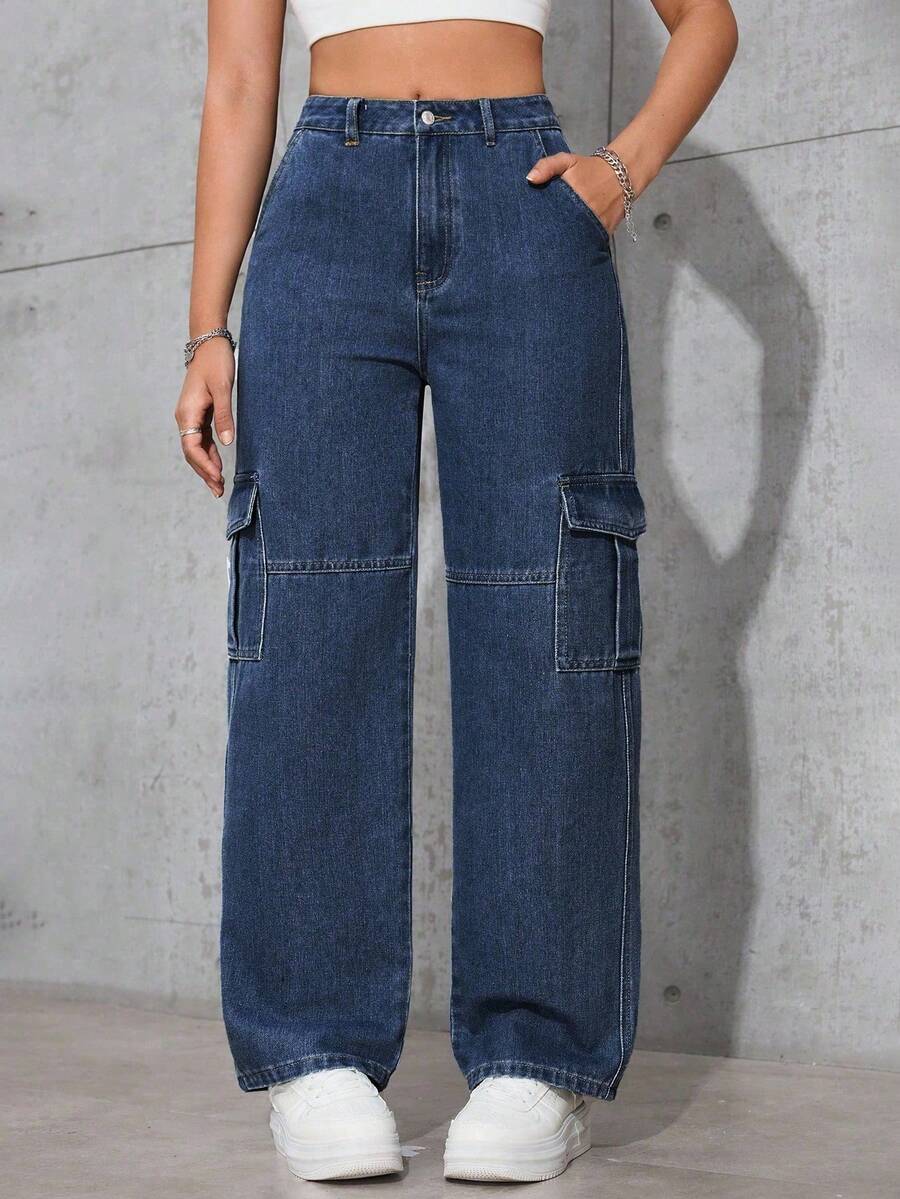Flirla Casual Washed Straight-Leg Cargo Jeans - Dark Wash - View 1