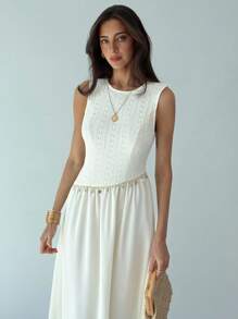 Aloruh Women's Casual Sleeveless Contrast Lace And Sequins Shell Decor Flowy Hem Dress, Summer - Apricot - View 1