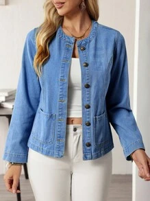 EMERY ROSE 女士圆领长袖单排扣休闲口袋牛仔夹克 - 藍色 - 查看 3