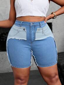 SHEIN SXY Shorts de mezclilla elásticos y ajustados de 2 en 1 sexy para mujer de talla grande, para vacaciones de otoño